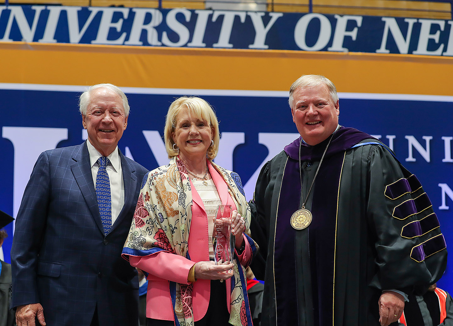 Brian and Carey Hamilton are presented with the Cope Cornerstone of Excellence Award at the UNK 2023 Spring Commencement.